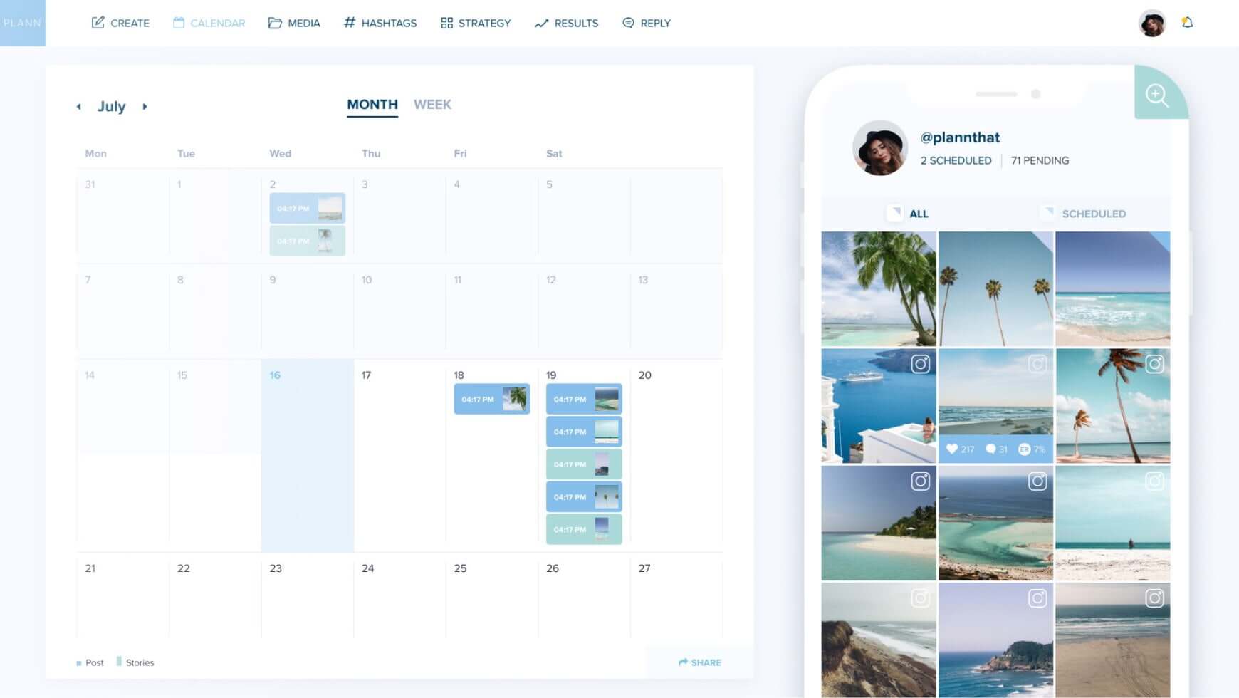 A social media planning dashboard displaying a monthly calendar on the left and a mobile interface with scheduled posts featuring beach images on the right | Social media scheduler | plannthat.com
