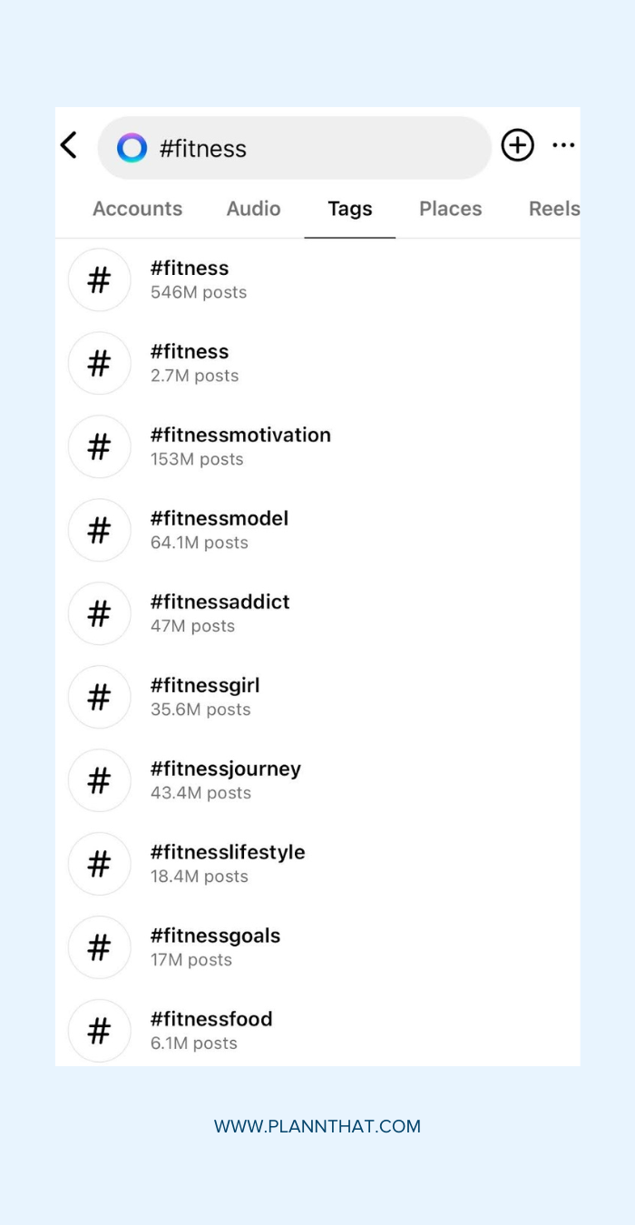A screenshot of a range of Instagram hashtags under the base hashtag #fitness.