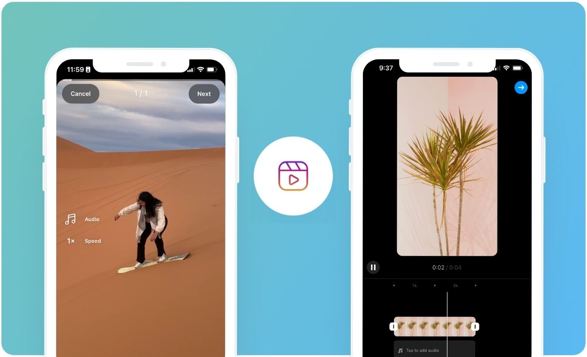 Two smartphones display different video editing screens; the left phone shows a person sandboarding, while the right phone shows a plant video being edited, both against a blue gradient background with a Reels icon in the center | Social media scheduler | plannthat.com