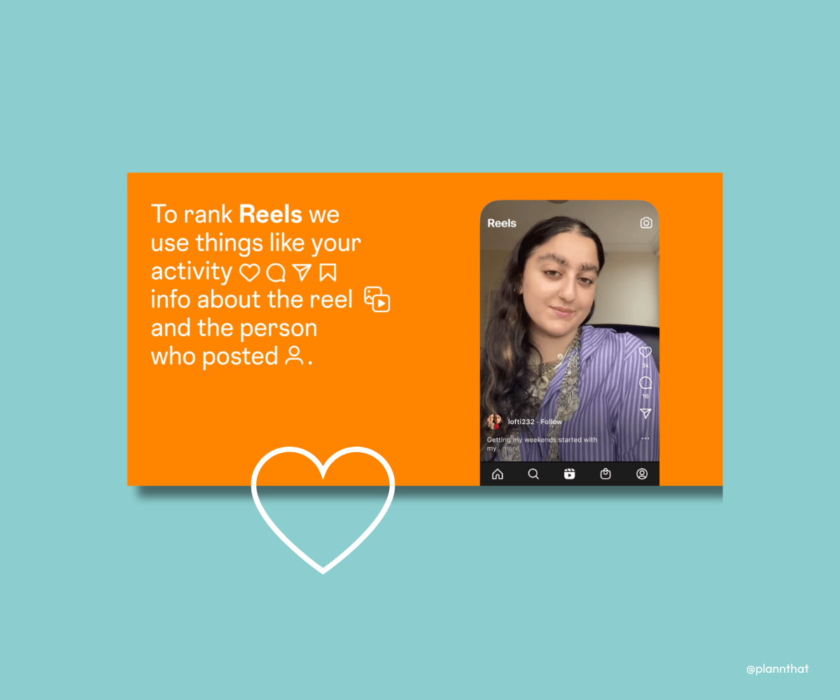 A gif of an Instagram Reel that depicts a woman doing her hair. It is accompanied by text that reads ‘To rank Reels we use things like your activity, info about the reel and the person who posted.’ 