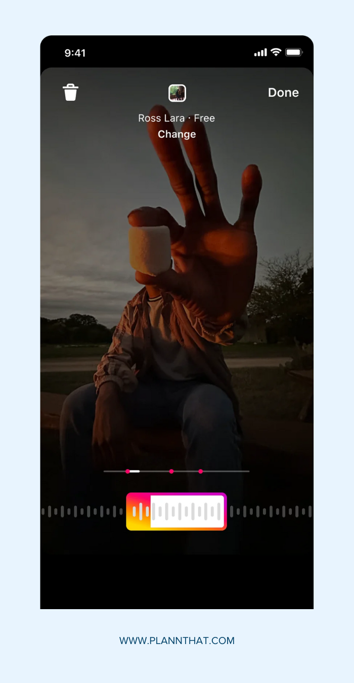 Screenshots showing the steps involved in adding music to Instagram videos. 