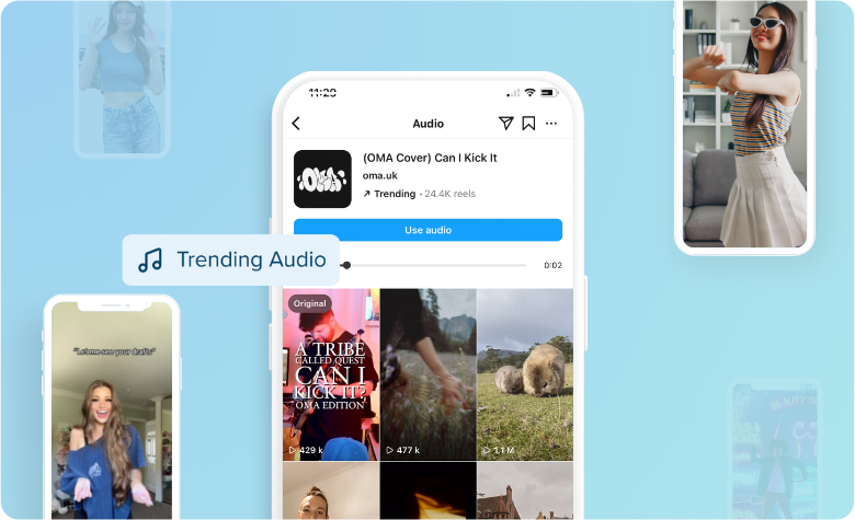A smartphone screen displays a trending audio page on a social media app, surrounded by images of users dancing and creating content, highlighting the use of the trending audio feature with a social media planner | plannthat.com