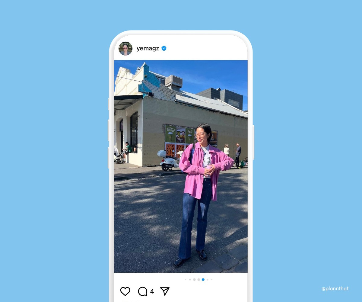 A screenshot of a carousel post from influencer @yemagz (Maggie Zhou). Maggie, a young Asian woman, is posing casually on the street wearing a pink shirt and jeans. 