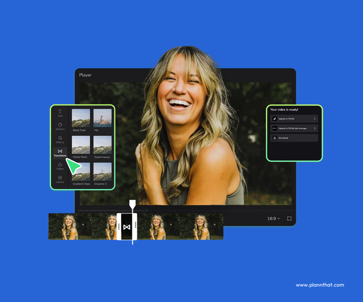 The CapCut interface shows a range of transitions available for a video of a woman laughing at the camera. 