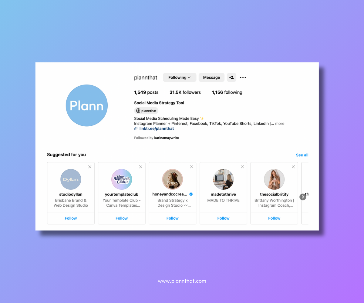 An array of similarly social-focused accounts appear as suggestions on Plann's Instagram profile.