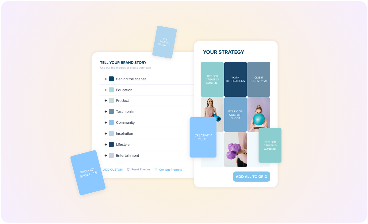 A content strategy planner with categories like Behind the Scenes, Education, Product, Inspiration, and Lifestyle, including visual content samples and an "Add All to Grid" button | Instagram scheduler | plannthat.com