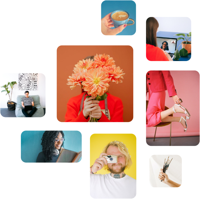 A collage of diverse activities: holding a cup of coffee, video calling, sitting on a couch, holding flowers, adjusting shoes, reading, taking photos, and holding paintbrushes, showcasing moments perfect for a social media scheduler | plannthat.com
