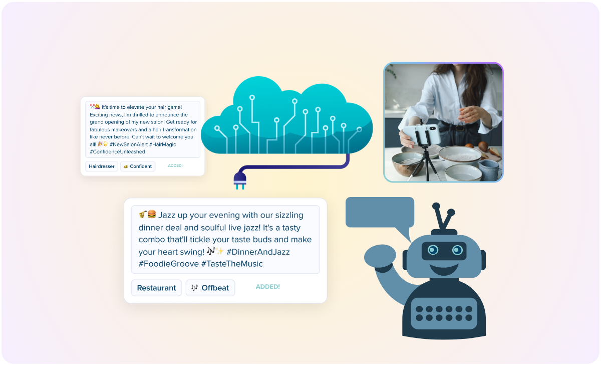 The image illustrates examples of good and bad AI prompts, featuring a robot, a person working on a laptop, and text boxes with sample prompts, highlighting effective and ineffective ways to communicate with AI for better results. This visual guide is essential for anyone using a social media scheduler to optimize their AI interactions. | plannthat.com