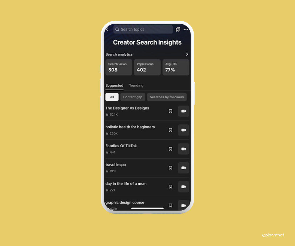 A screenshot of the Creator Search Insights platform within the TikTok app. 