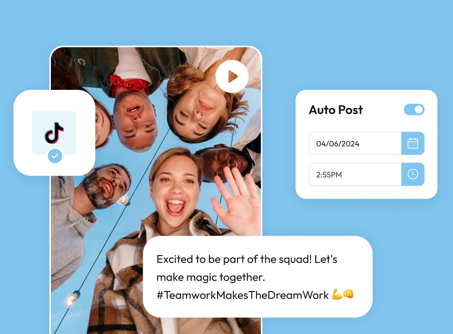 A group of people huddle together, smiling up at the camera with a TikTok icon and an auto post scheduler for April 6, 2024, at 2:55 PM displayed. Text reads: "Excited to be part." | Social media scheduler | plannthat.com