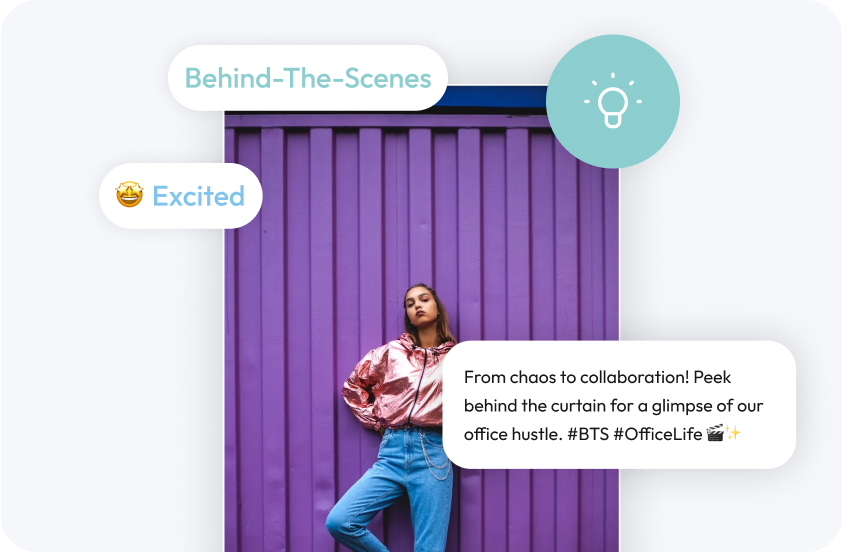 A person stands confidently against a purple wall with text bubbles reading "Behind-The-Scenes" and "Excited." Caption reads: "From chaos to collaboration! Peek behind the curtain for a glimpse of our office hustle. #BTS #Office." | Social media scheduler | plannthat.com
