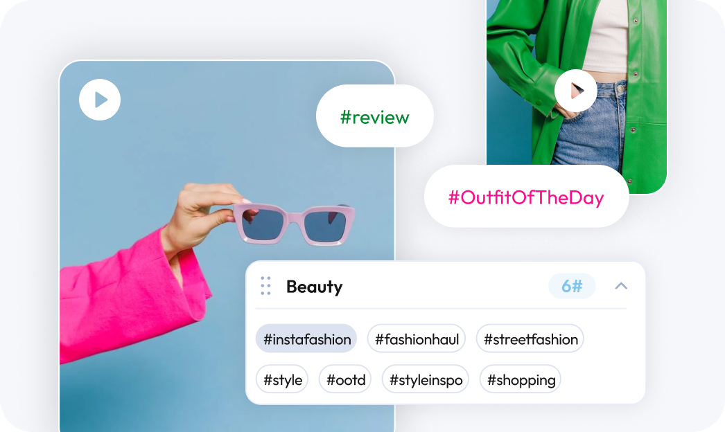 A collage featuring a hand holding pink sunglasses, a person in a green jacket and jeans, hashtags including #review and #OutfitOfTheDay, and a list of beauty-related hashtags like #instafashion and #ootd, highlighting the use of an Instagram scheduler | plannthat.com