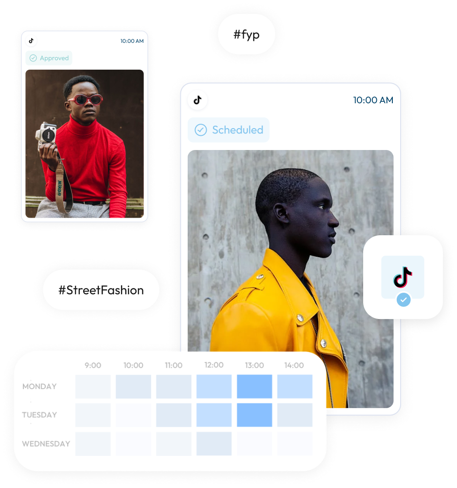 A collage showing TikTok scheduling with #StreetFashion and #fyp tags. One post is approved, featuring a person in red with a camera, and another post is scheduled, showing a person in a yellow jacket, using a social media scheduler | plannthat.com
