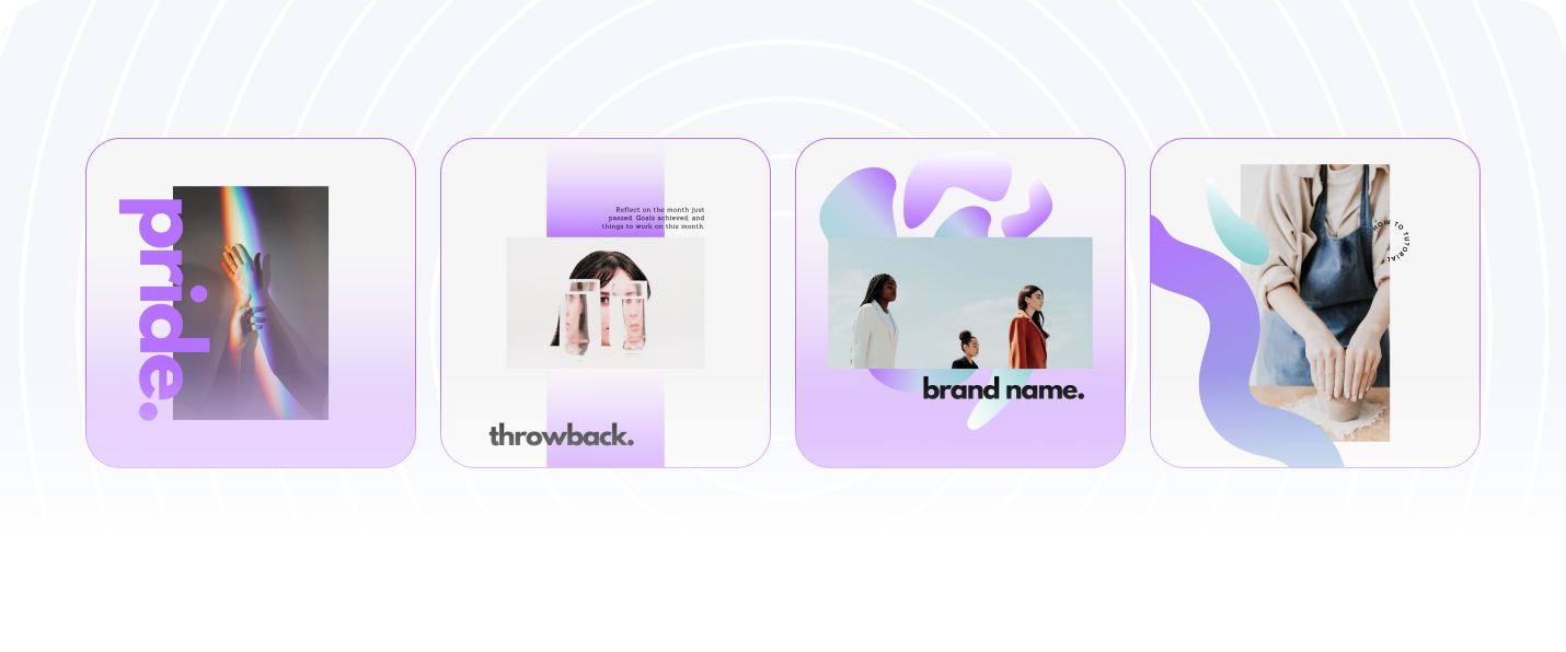Preview of June calendar templates featuring four designs: a hand with a rainbow, a "throwback" theme with a woman holding photos, a family with "brand name," and hands molding clay. Background has a subtle circular pattern | Social media planner | plannthat.com