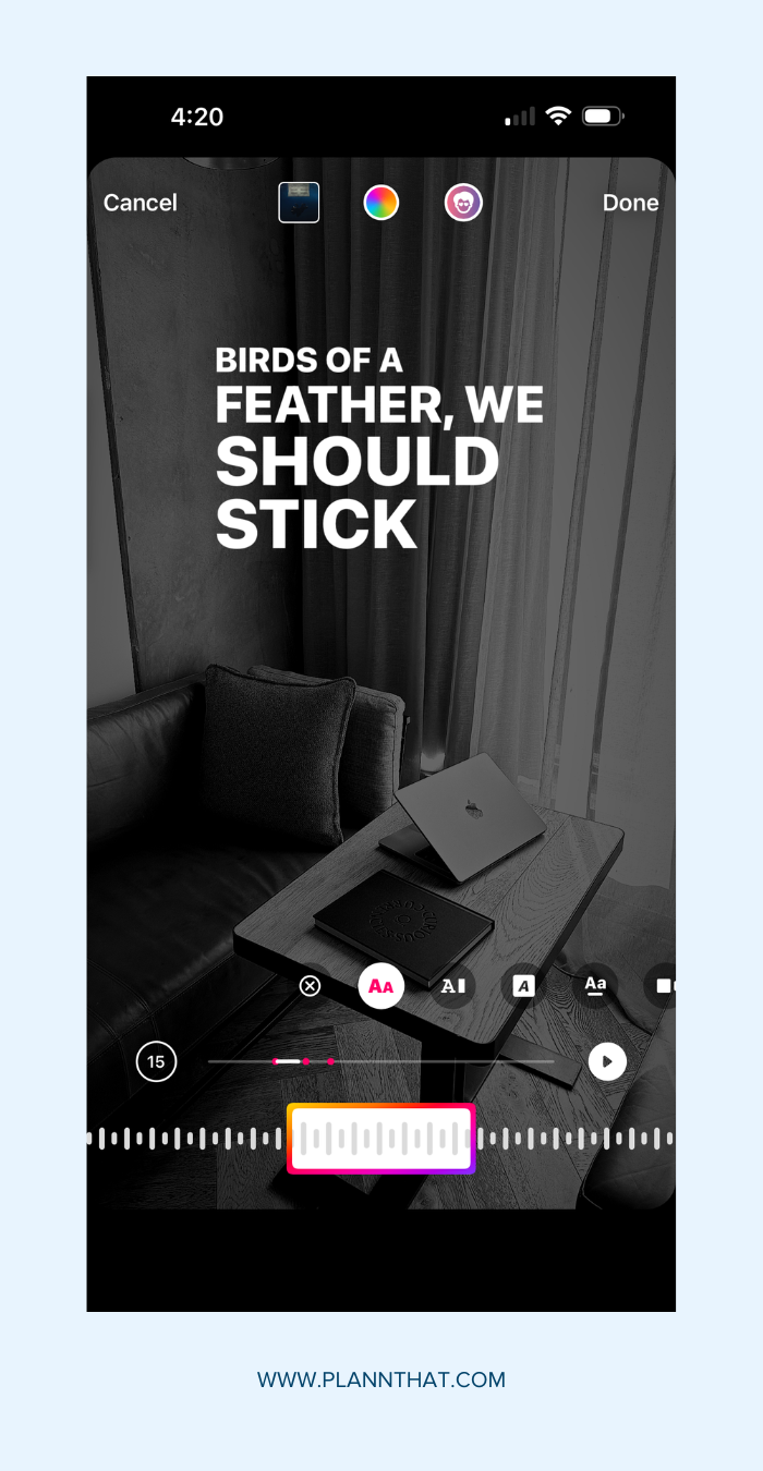 Screenshots showing how to add music to Instagram Stories from Spotify.