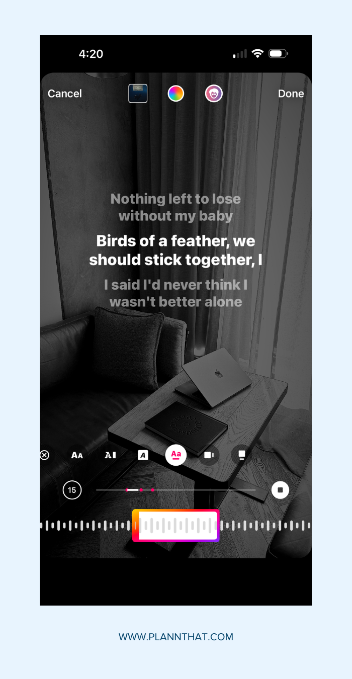 Screenshots showing how to add music to Instagram Stories from Spotify.