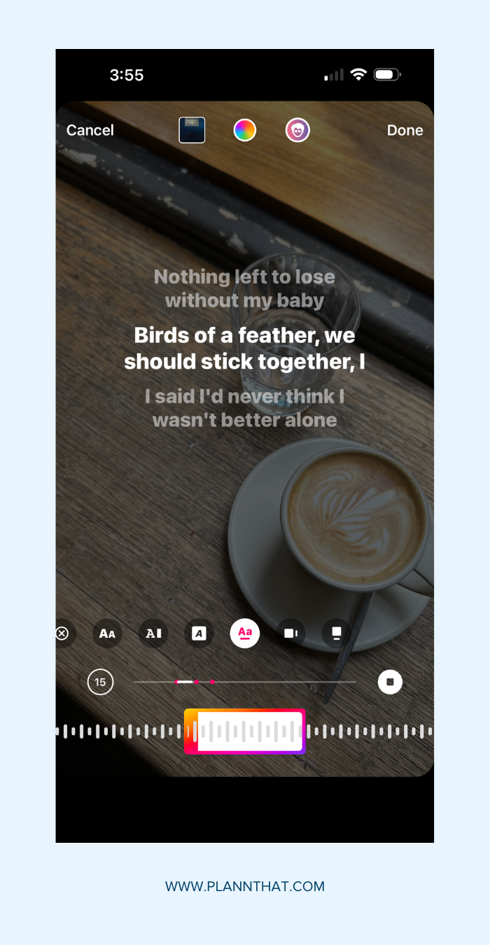 Screenshots showing the process of adding music to Instagram Stories. 