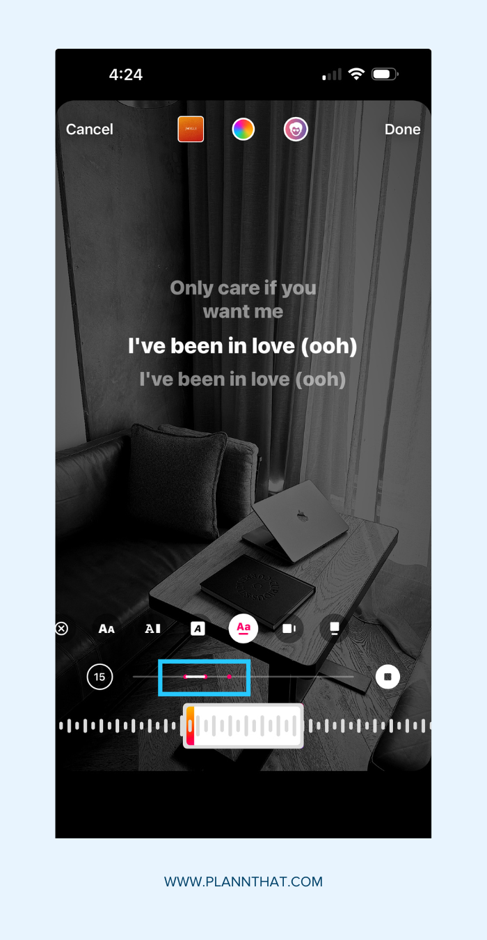 Screenshots showing how to find the best snippet of a song for Instagram Stories. 