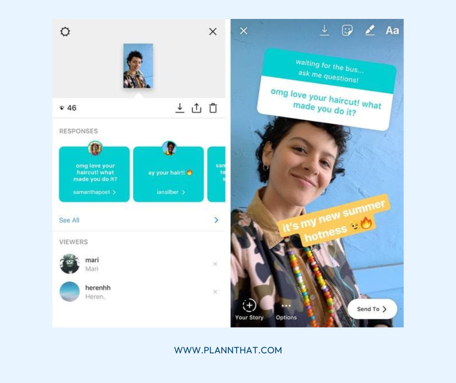 Screenshot of Instagram Story Q&A sticker in use, left screenshot displays questions the audience has asked, right screenshot show Instagram Story response to a question