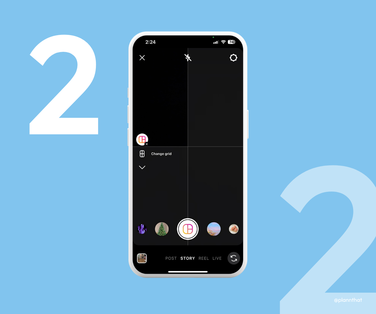 The Instagram stories layout icon is highlighted, with a grid appearing on the screen. 
