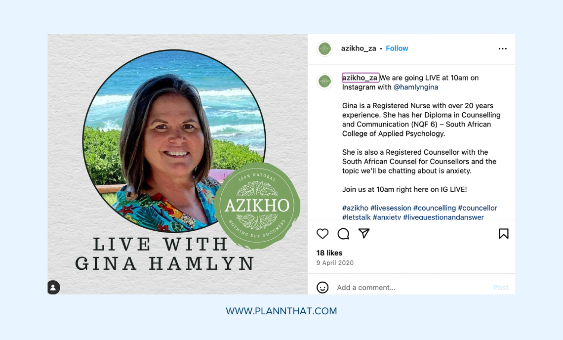 An Instagram feed post displays a headshot of a brunette woman alongside the Azikho logo and the text: "Live with Gina Hamlyn.