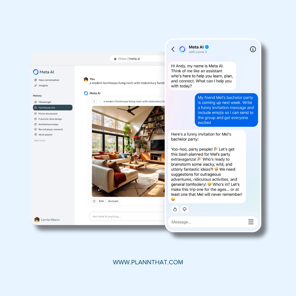 Two screenshots depict Meta AI being used on desktop and mobile. The desktop example shows image generation in action using Imagine for Meta AI whereas the mobile screenshot depicts Meta AI integration in a messenger chat. 