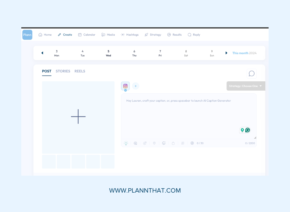 Screenshot of Plann Workspace, create post screen. Caption: Create a new post on Plann's desktop or mobile apps