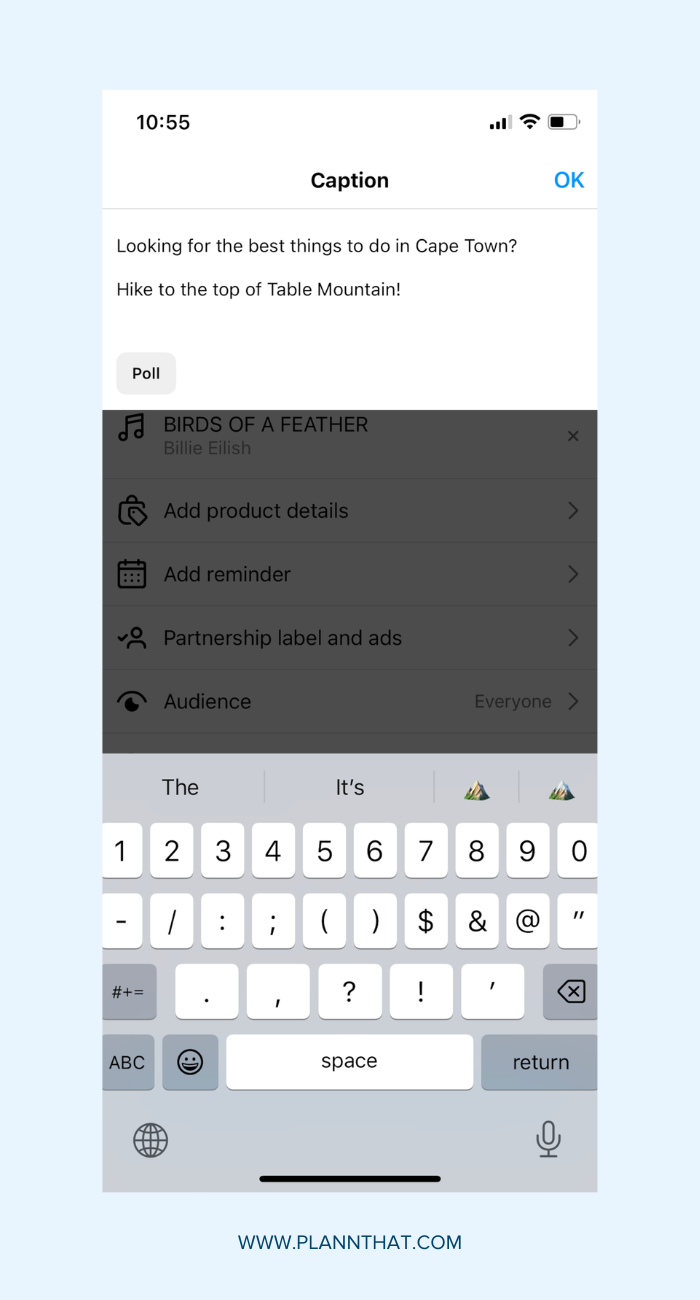 Screenshot of adding a caption to an Instagram post. Caption: Create line breaks in Instagram to make your post easier to read