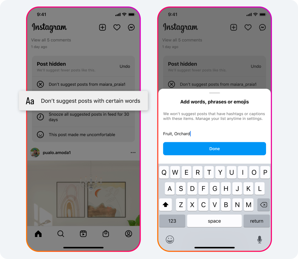 Two side-by-side screenshots depict how to add certain words to your Hidden Words for Recommendations list on Instagram. 