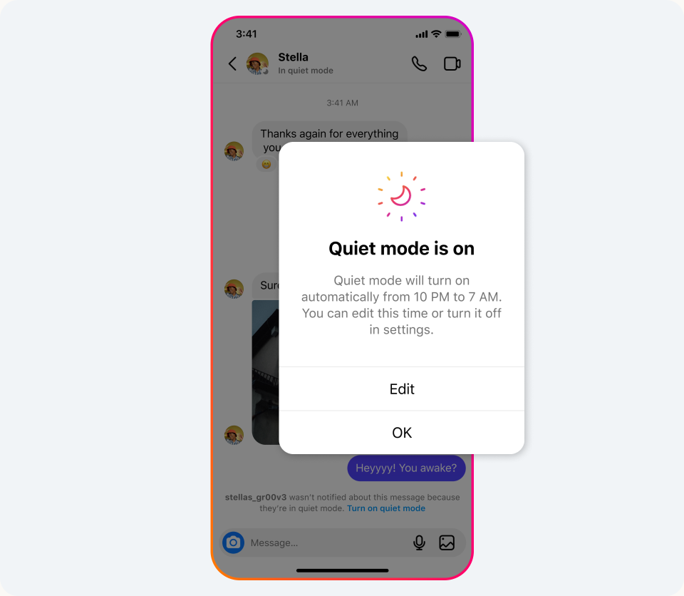 A screenshot of an Instagram chat between two users overlaid with a dialogue box that reads ‘Quiet mode is on’ with details of Instagram quiet mode.