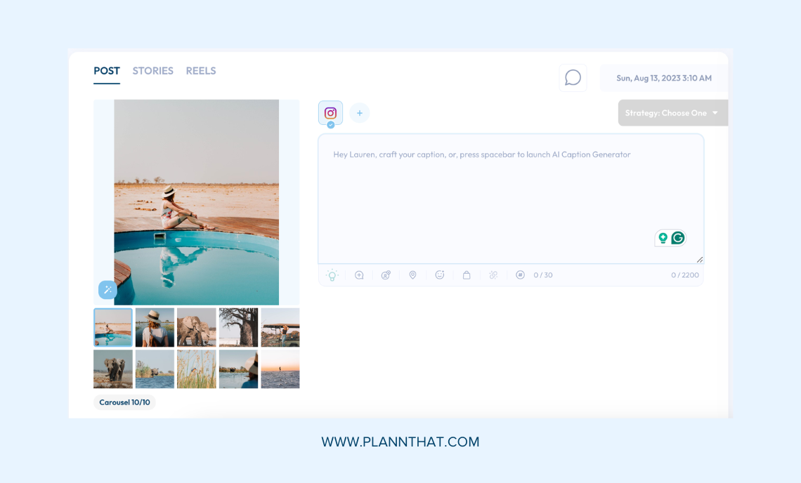 Plann Workspace, caption writing screen for Instagram. Caption: Select a post to begin writing your Instagram caption