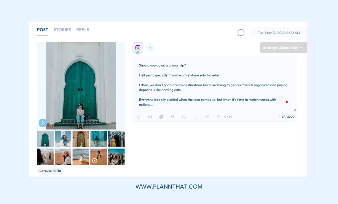 Plann Workspace, a caption has been written for Instagram with line breaks. Caption: Write your Instagram caption and easily create line breaks for your Instagram posts