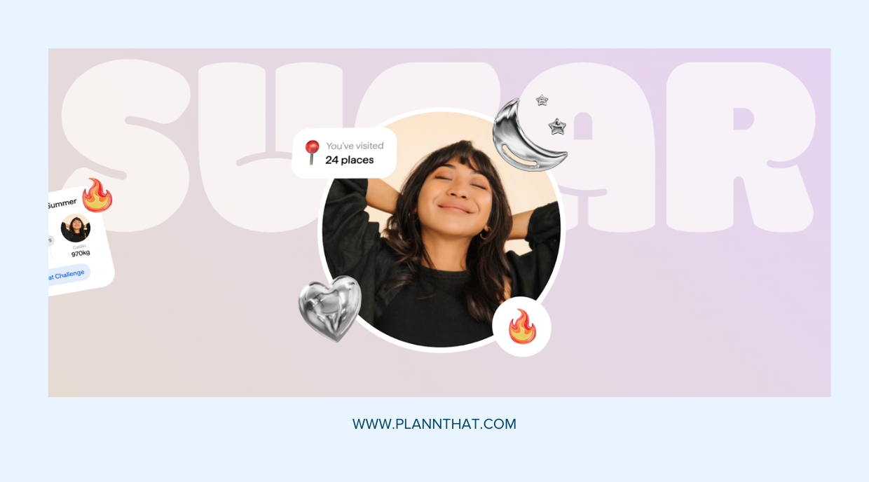 A screenshot of a website landing page with SUGAR in block letters. It is overlaid by a picture of a woman smiling with her eyes closed, and a handful of emojis and icons including the flame, the location pin, and a chrome heart and moon. 