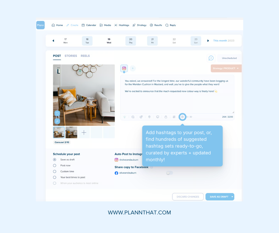 Plann's intuitive scheduling tool helps you optimize both written and visual content before posting. | Fig Caption: How to schedule your Instagram content ahead of time with Plann