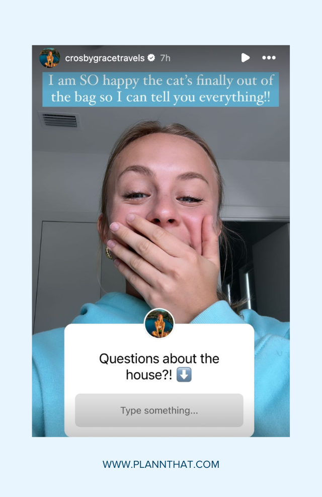 An Instagram Story screenshot of a blond woman with her hand over her mouth excitedly. A question box reads ‘Questions about the house?! ⬇️’ 