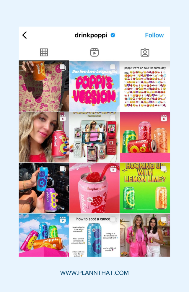 A screenshot of the Poppi (@drinkpoppi) Instagram theme which uses a maximalist color scheme throughout. 