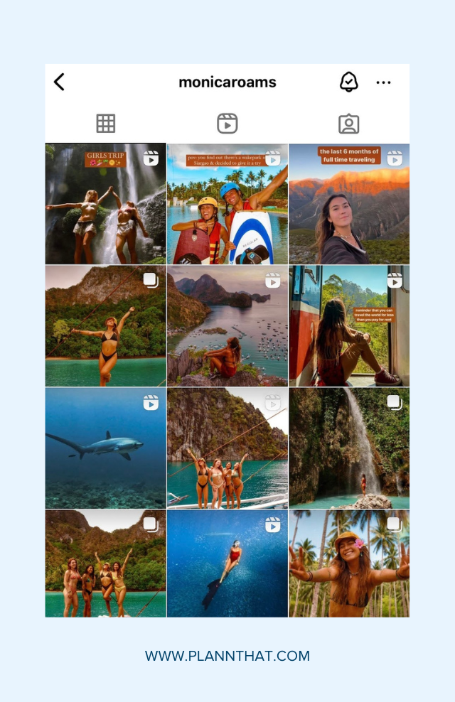 A screenshot of Monica Roams’ (@monicaroams) Instagram featuring photos of a young woman traveling, hiking, and diving. 