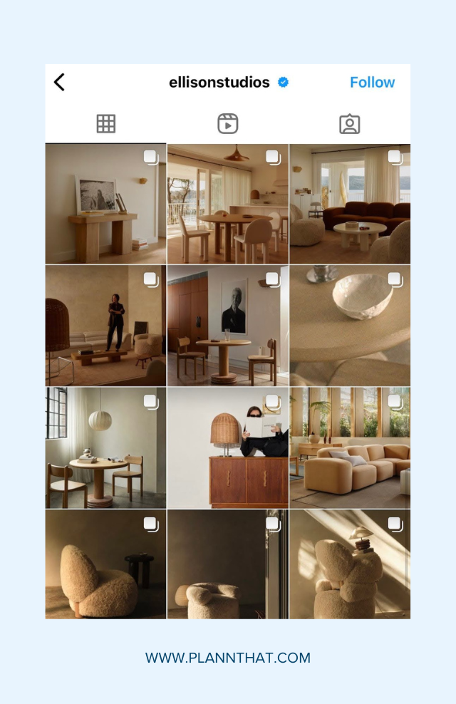 A screenshot of the Ellison Studios (@ellisonstudios) Instagram feed theme featuring photos of furniture in cream, brown, and tan colors.