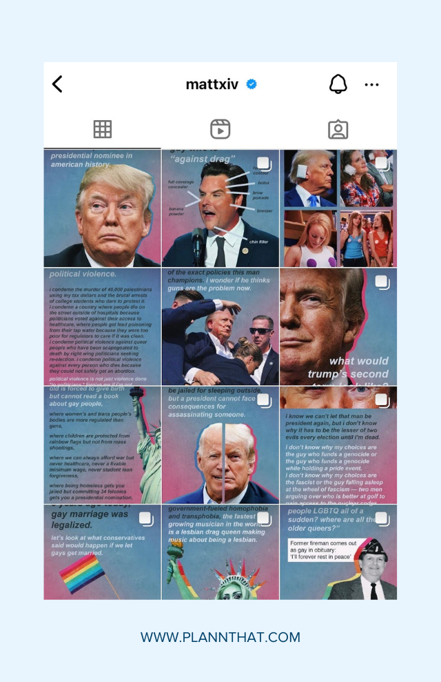 A screenshot of Matt Bernstein’s (@mattxiv) Instagram showing a range of text posts with images of politicians like Donald Trump and Joe Biden. 