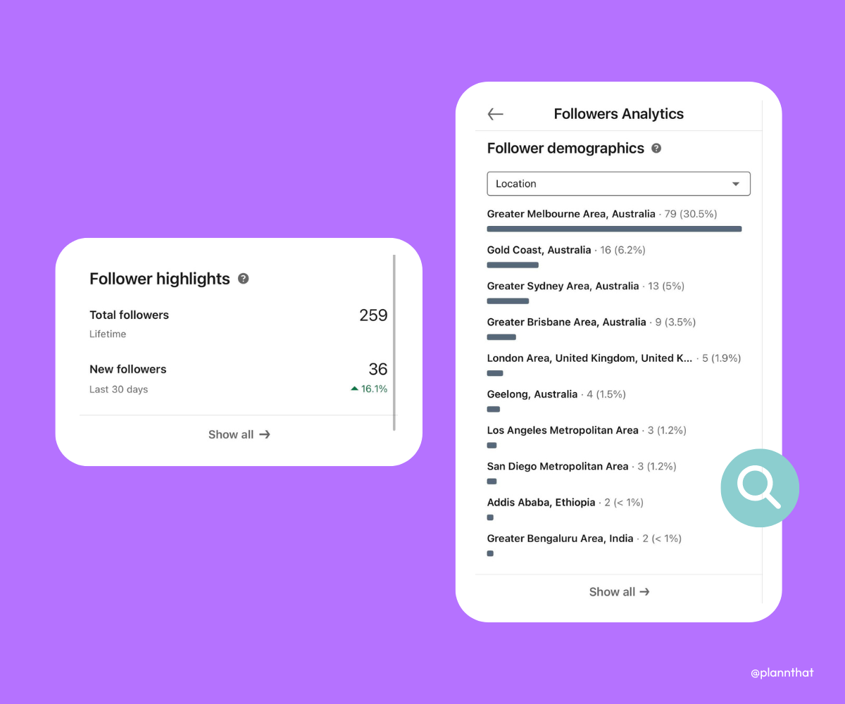 Two screenshots depicting how to see your follower locations on Instagram, one of the Follower highlights section and another of the Follower demographics section within Follower Analytics. 