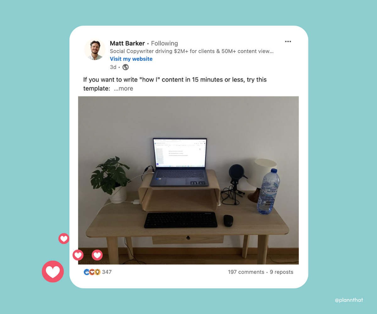 A screenshot of a recent post by Matt Barker on LinkedIn. The photo depicts a desk setup with a laptop, plant, and water bottle. 