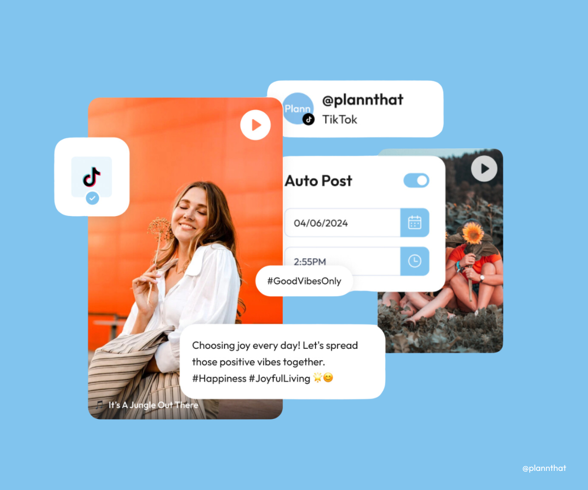 Plann's auto-posting feature and scheduling options are displayed alongside an image of a girl smiling in a TikTok video.