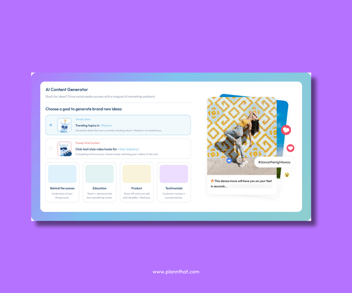 A screenshot of Plann’s AI Content Generator interface