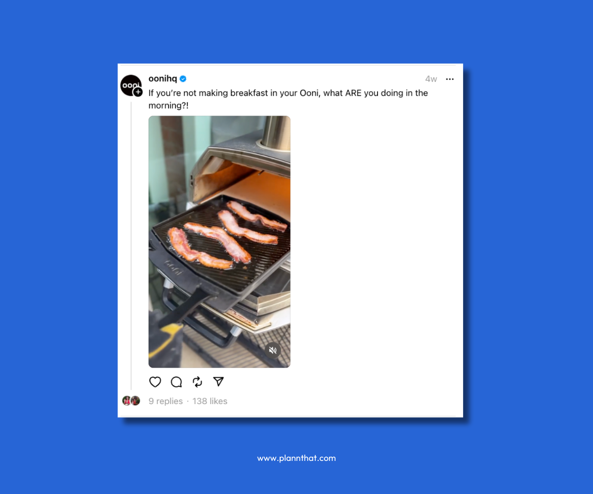 An Ooni post on Threads showcasing the oven's next level breakfast making capabilities