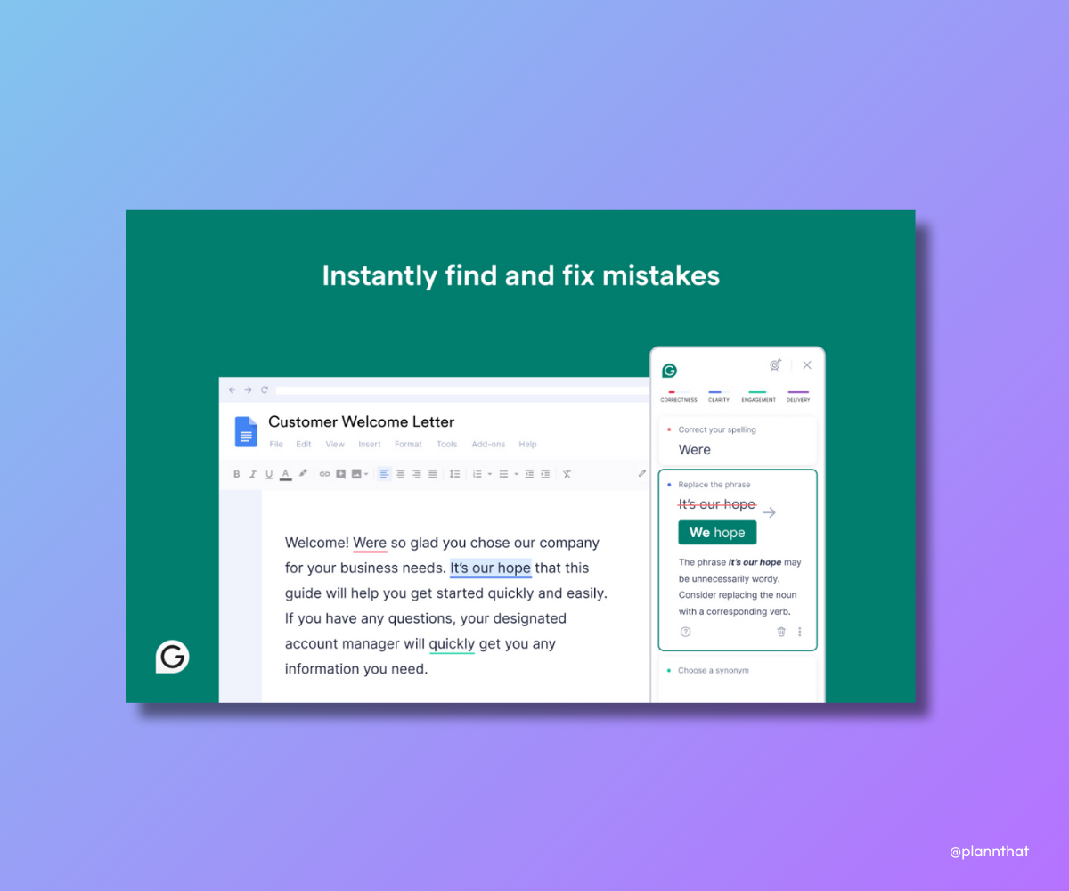 Screenshots of the Grammarly platform in use in documents with the text ‘Instantly find and fix mistakes’ at top. 