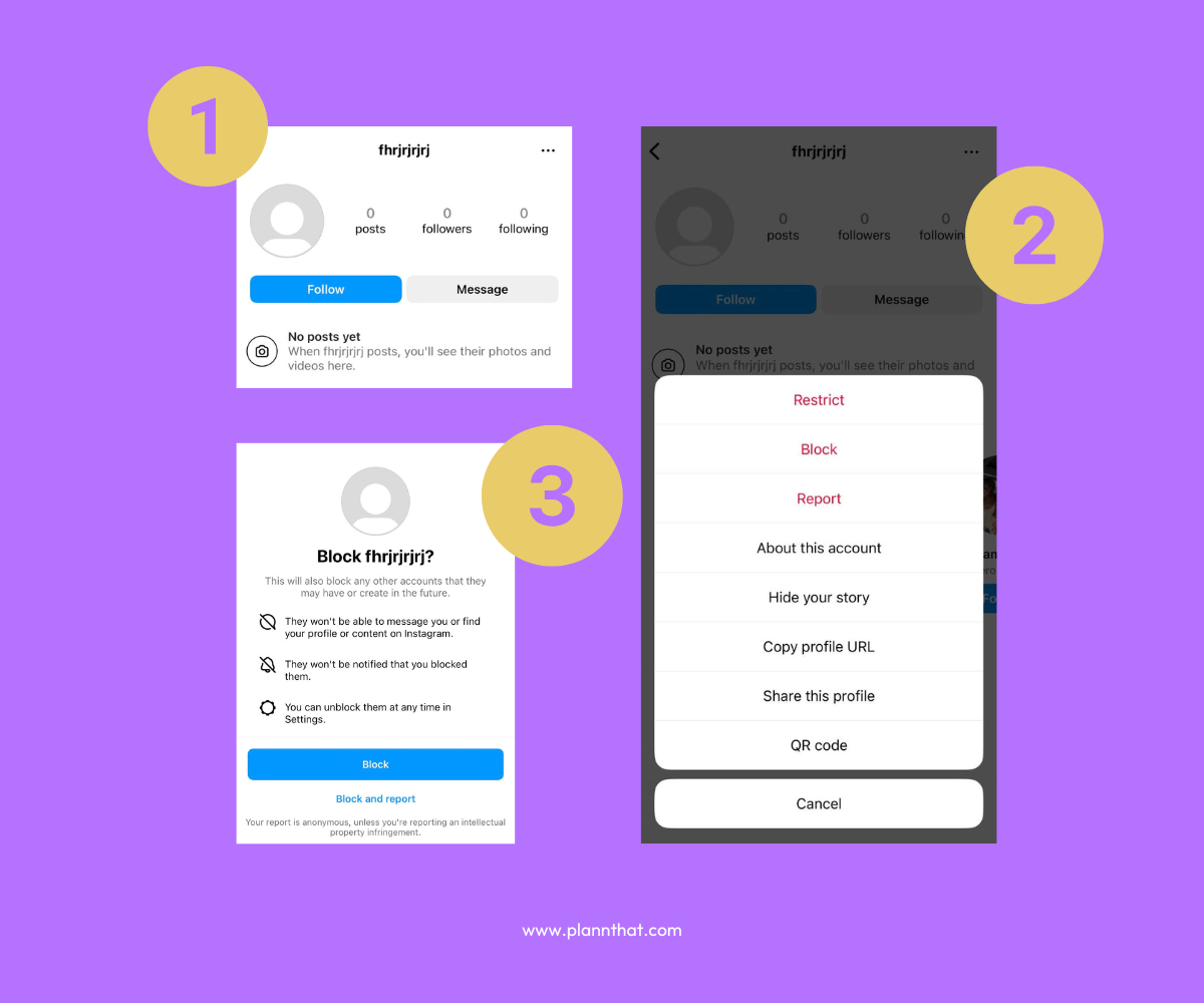 A series of screenshots depicting how to block a user on Instagram from their profile. 
