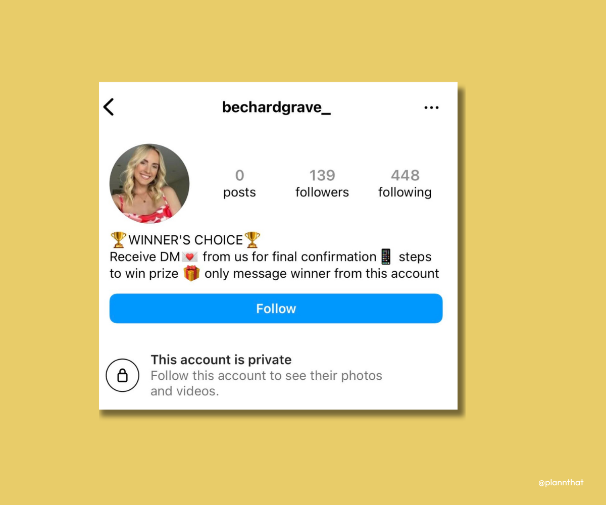 A screenshot of a fake Instagram account impersonating fitness influencer Bec Hardgrave.