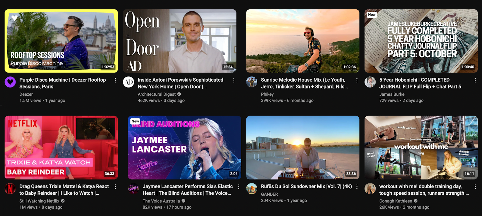 A screenshot of eight suggested videos from the YouTube feed comprising a variety of topics. 