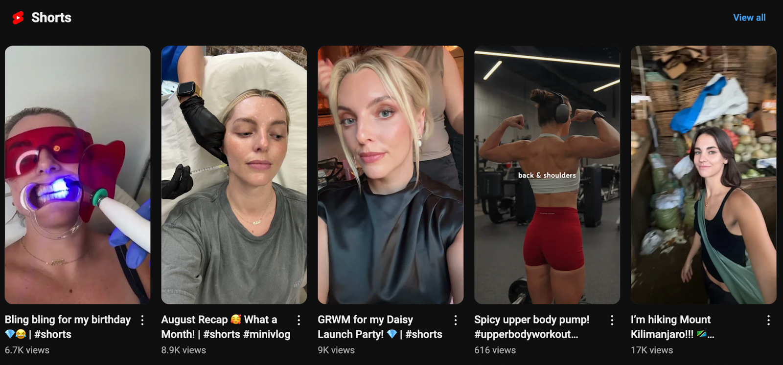 A screenshot of a user’s YouTube Shorts subscriptions depicting five videos across beauty, fitness, and travel.