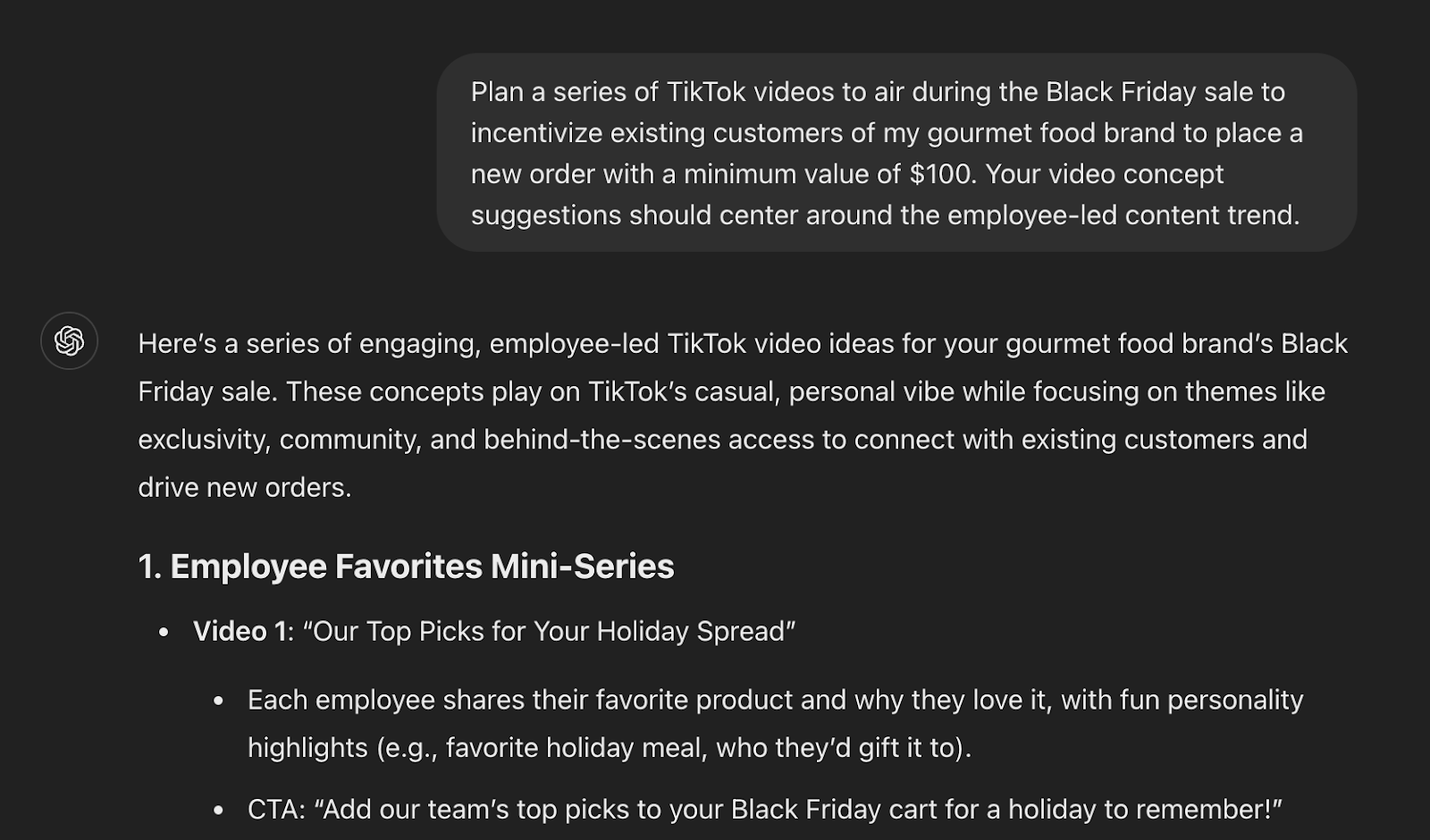  A screenshot of the ChatGPT interface relaying TikTok video ideas for a gourmet food brand’s Black Friday sale. 